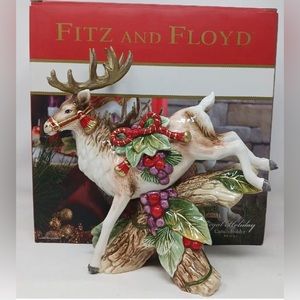 Fitz & Floyd Porcelain Christmas Reindeer Candleholder Left Facing Bow New MIB